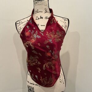 Red Satin Dragon Embroidered Halter Top | Y2K Asian Inspired Backless Top